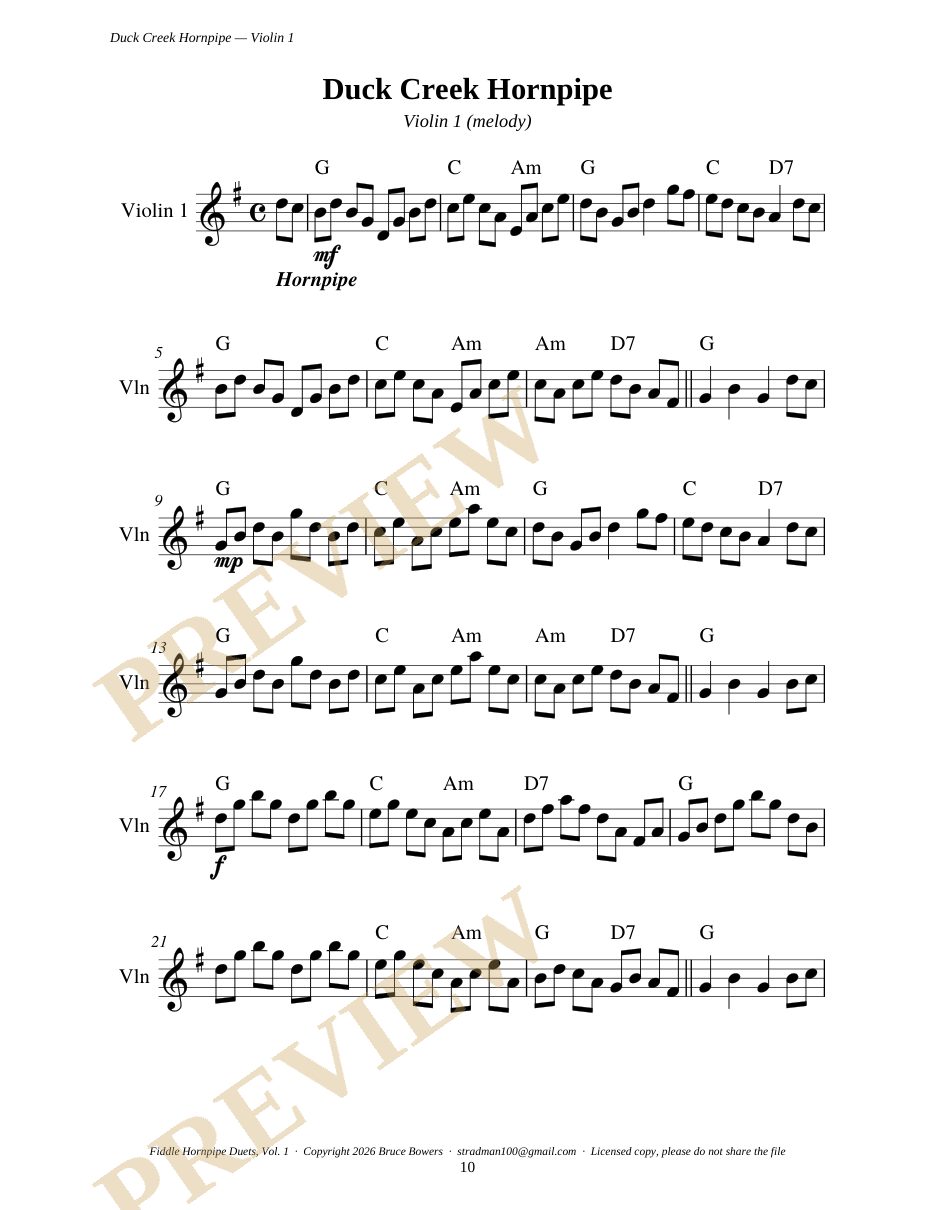 Duck Creek Hornpipe, Violin 1 part, first page
